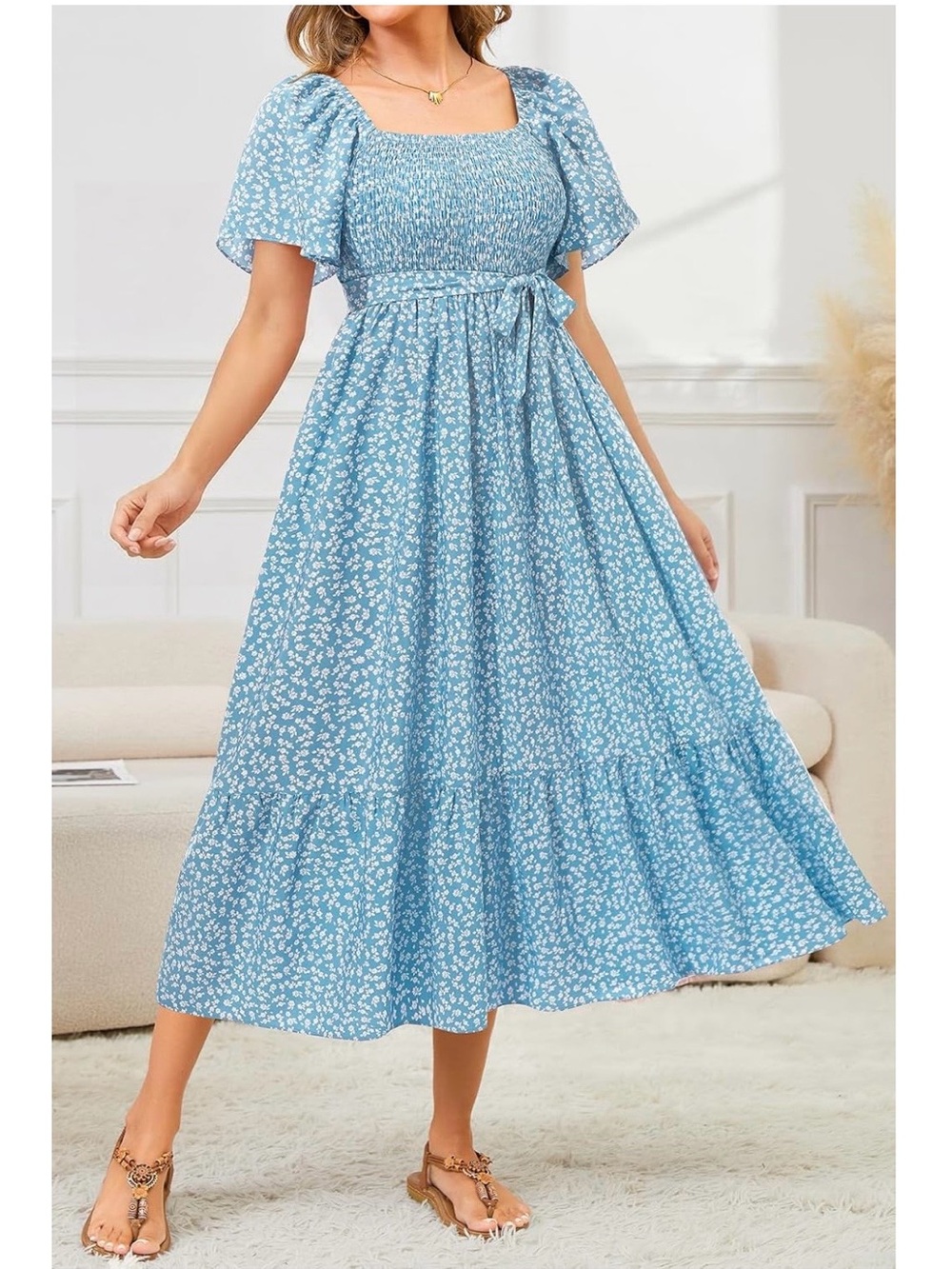 Blue Floral Summer Midi Dress with Tie Waist